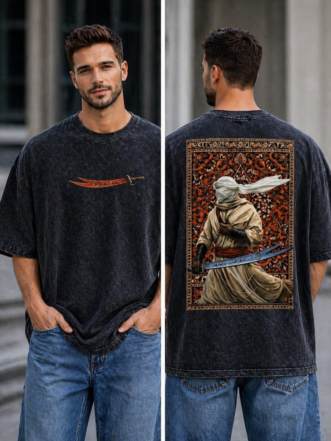 Arabic Fighter Oversized Acid Wash T-Shirt – 240 GSM French Terry (Front & Back Print) Black