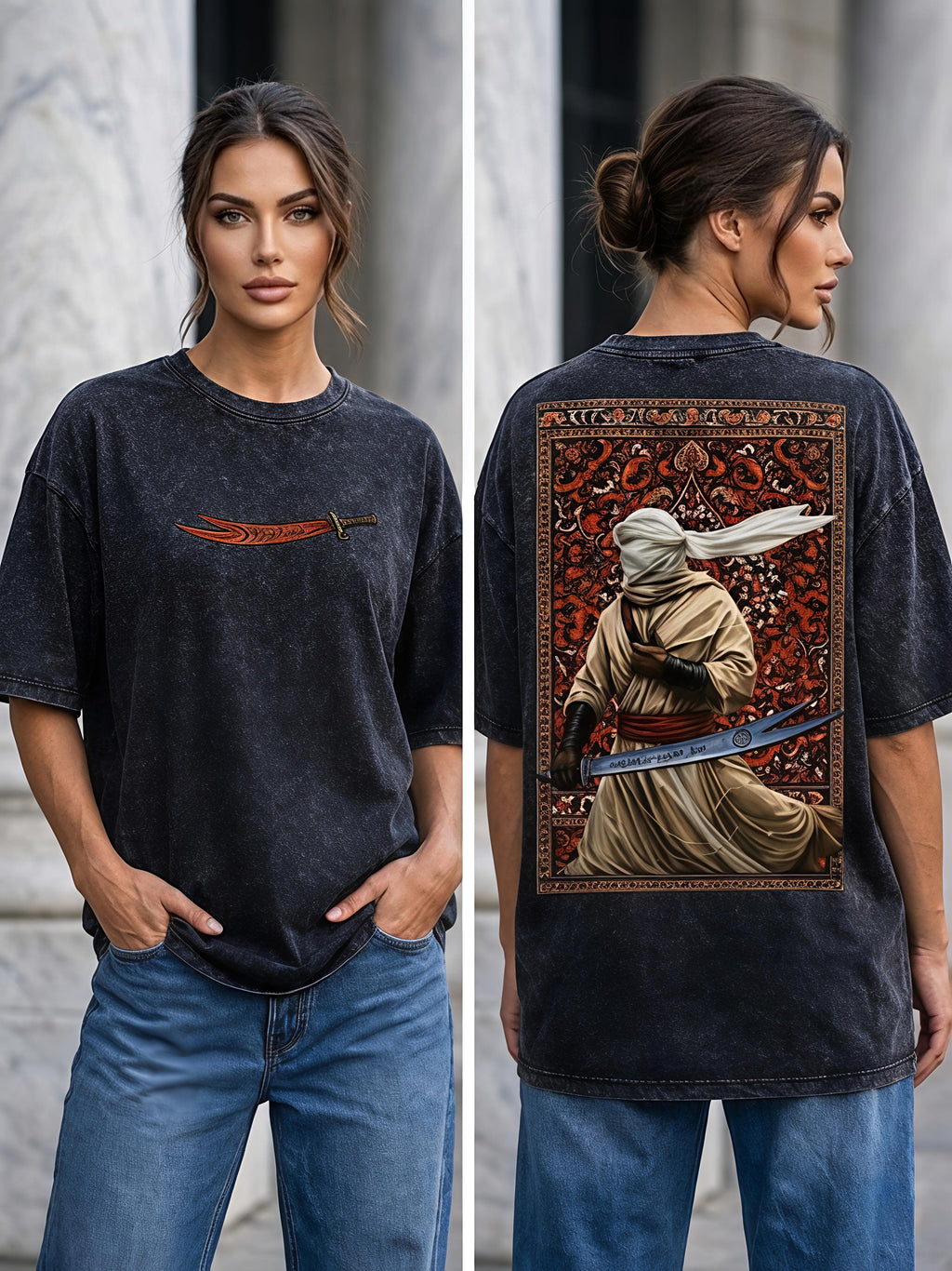 Arabic Fighter Oversized Acid Wash T-Shirt – 240 GSM French Terry (Front & Back Print) Black