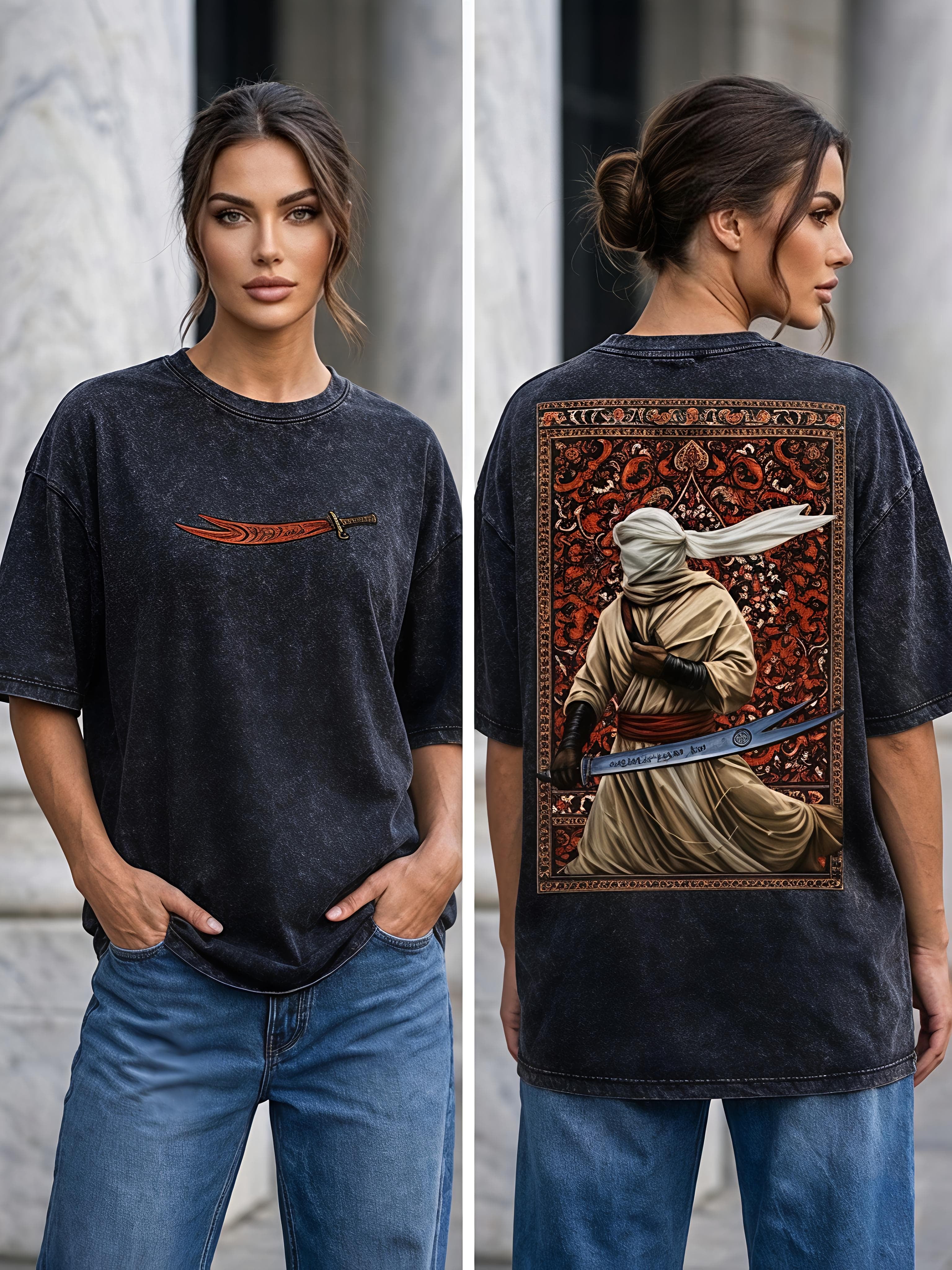 Arabic Fighter Oversized Acid Wash T-Shirt – 240 GSM French Terry (Front & Back Print) Black