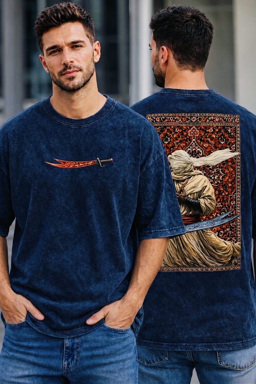 Arabic Fighter Oversized Acid Wash T-Shirt – 240 GSM French Terry (Front & Back Print) Navy