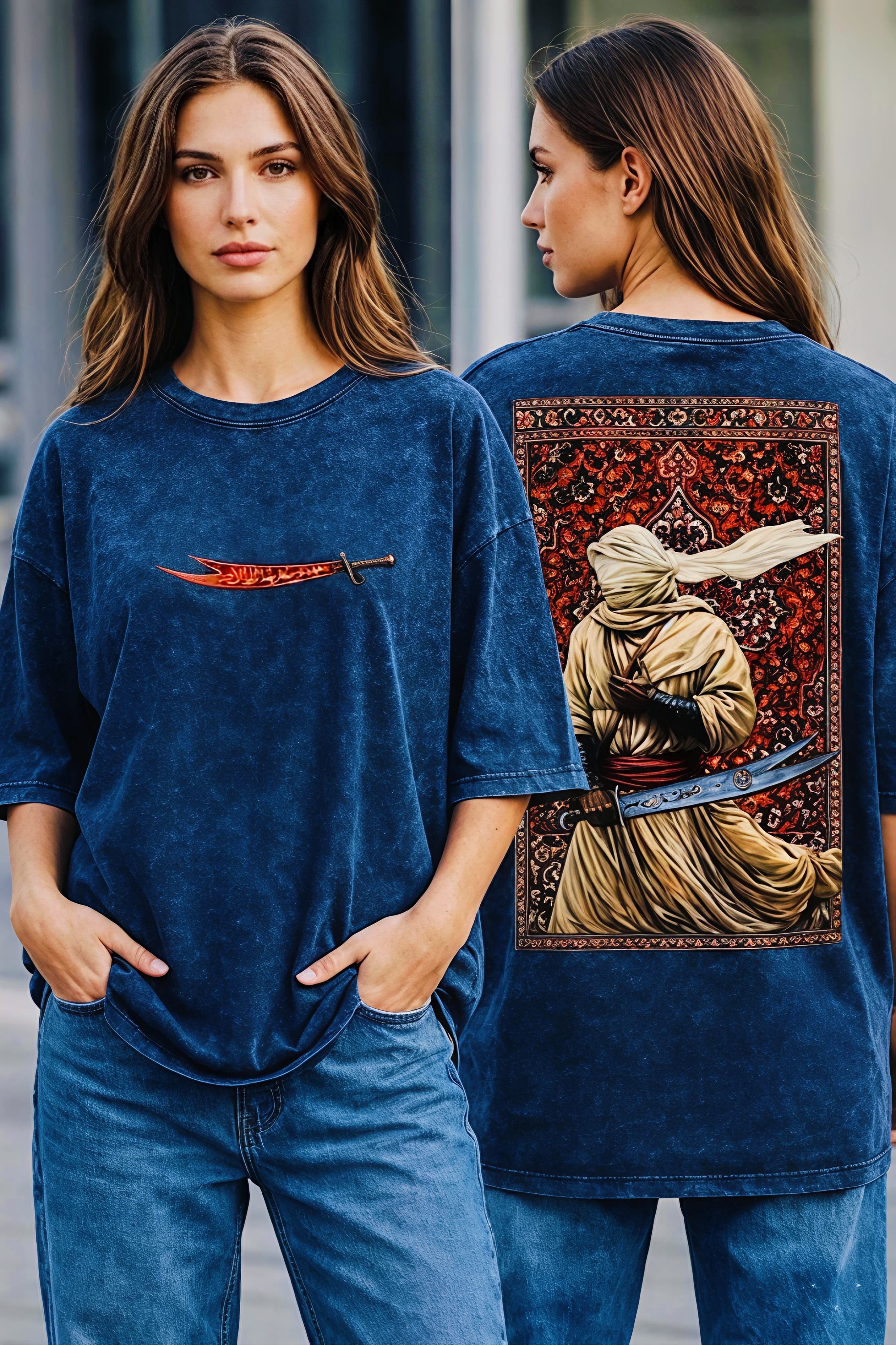 Arabic Fighter Oversized Acid Wash T-Shirt – 240 GSM French Terry (Front & Back Print) Navy