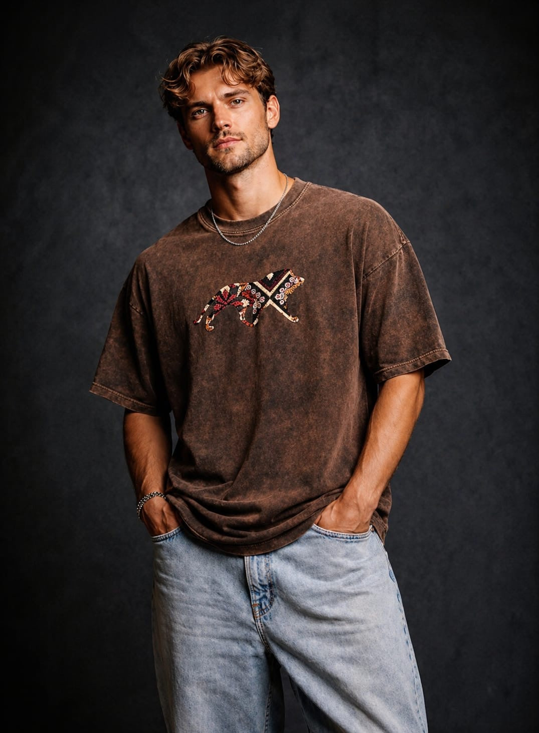 Made In India Rug Patch Acid Wash T-Shirt – 240 GSM French Terry (Drop Shoulder Fit) Brown
