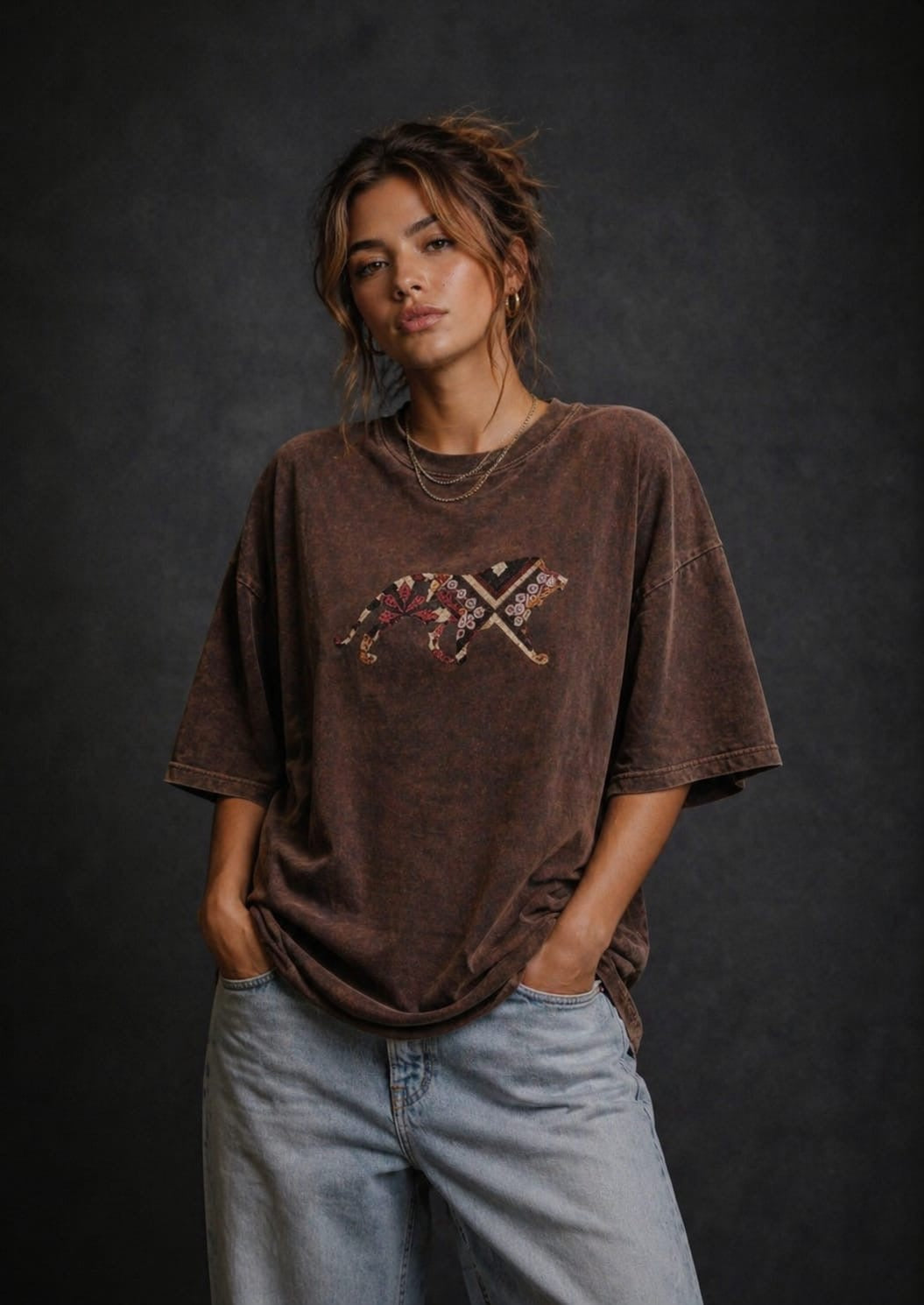 Made In India Rug Patch Acid Wash T-Shirt – 240 GSM French Terry (Drop Shoulder Fit) Brown