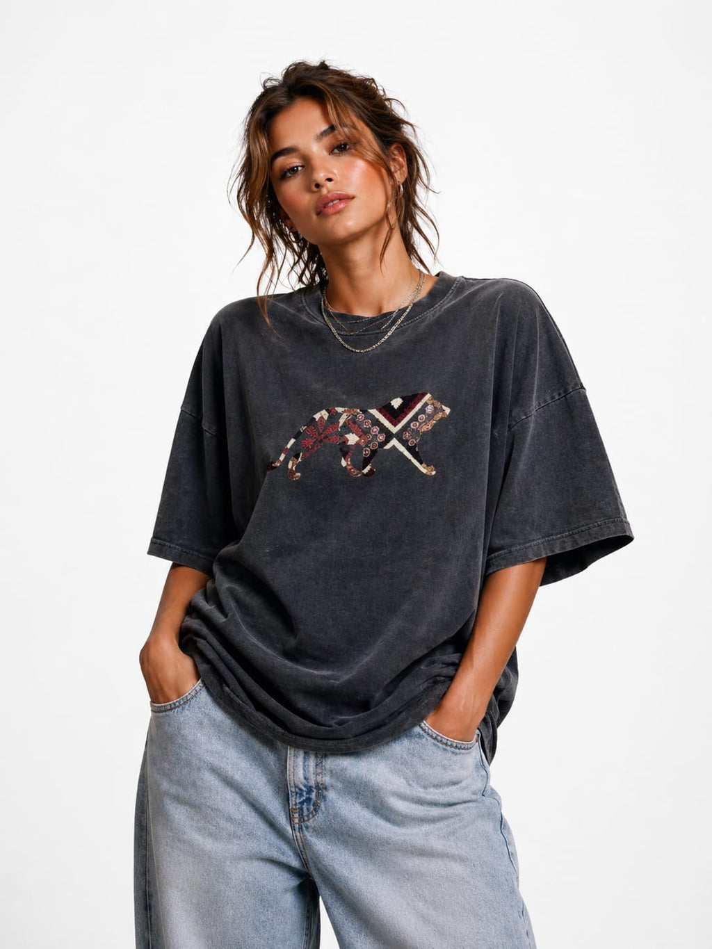 Made In India Rug Patch Acid Wash T-Shirt – 240 GSM French Terry (Drop Shoulder Fit) Grey