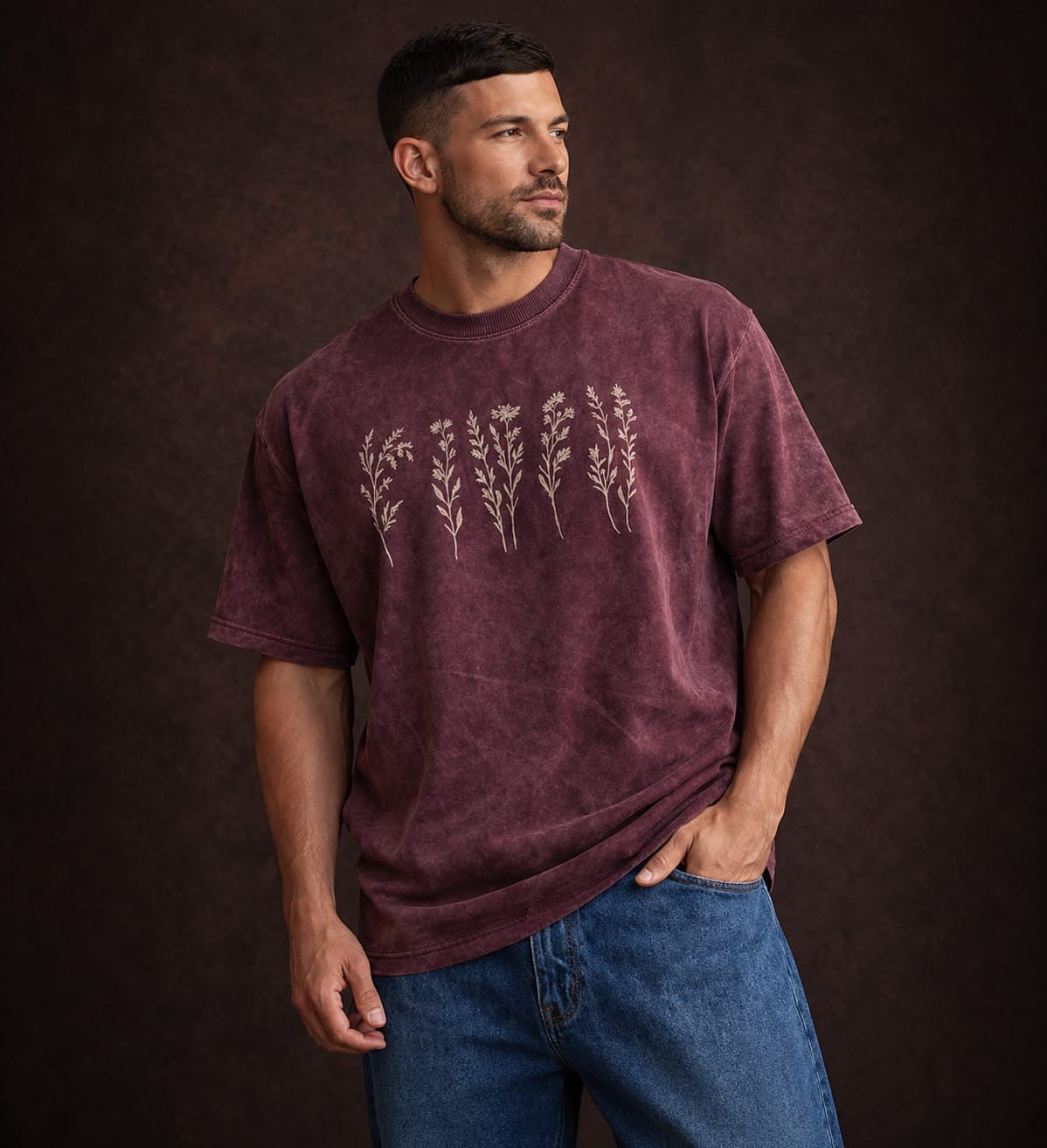 Flower Tee Acid Wash T-Shirt – 240 GSM French Terry (Drop Shoulder Fit) Maroon