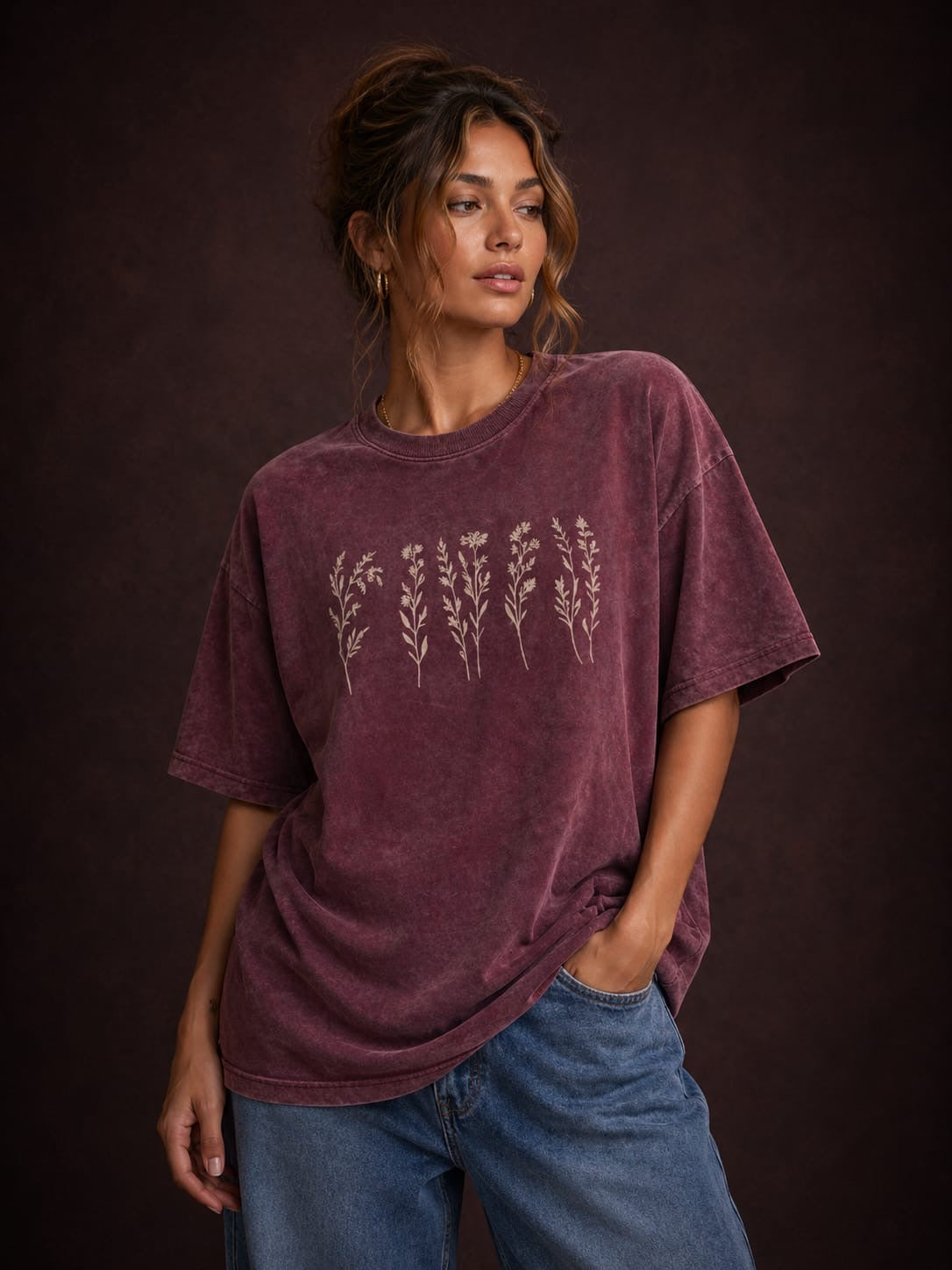 Flower Tee Acid Wash T-Shirt – 240 GSM French Terry (Drop Shoulder Fit) Maroon