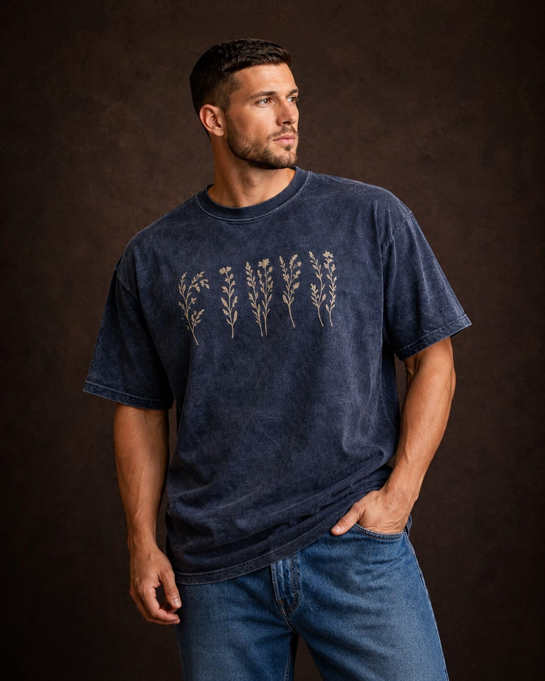 Flower Tee Acid Wash T-Shirt – 240 GSM French Terry (Drop Shoulder Fit) Navy
