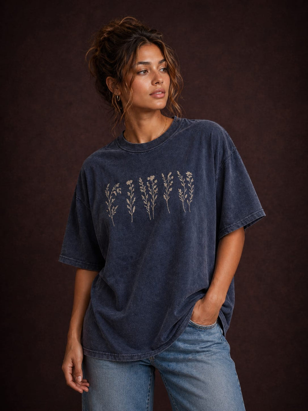 Flower Tee Acid Wash T-Shirt – 240 GSM French Terry (Drop Shoulder Fit) Navy