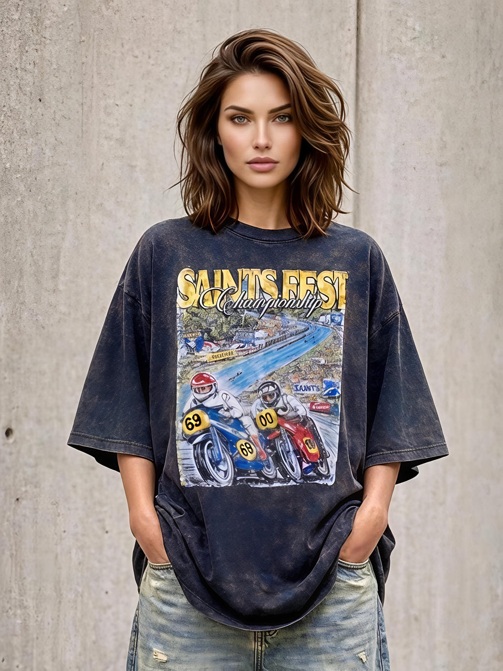 Saintfest Unisex Oversized Acid Wash T-Shirt – 240 GSM French Terry - Black