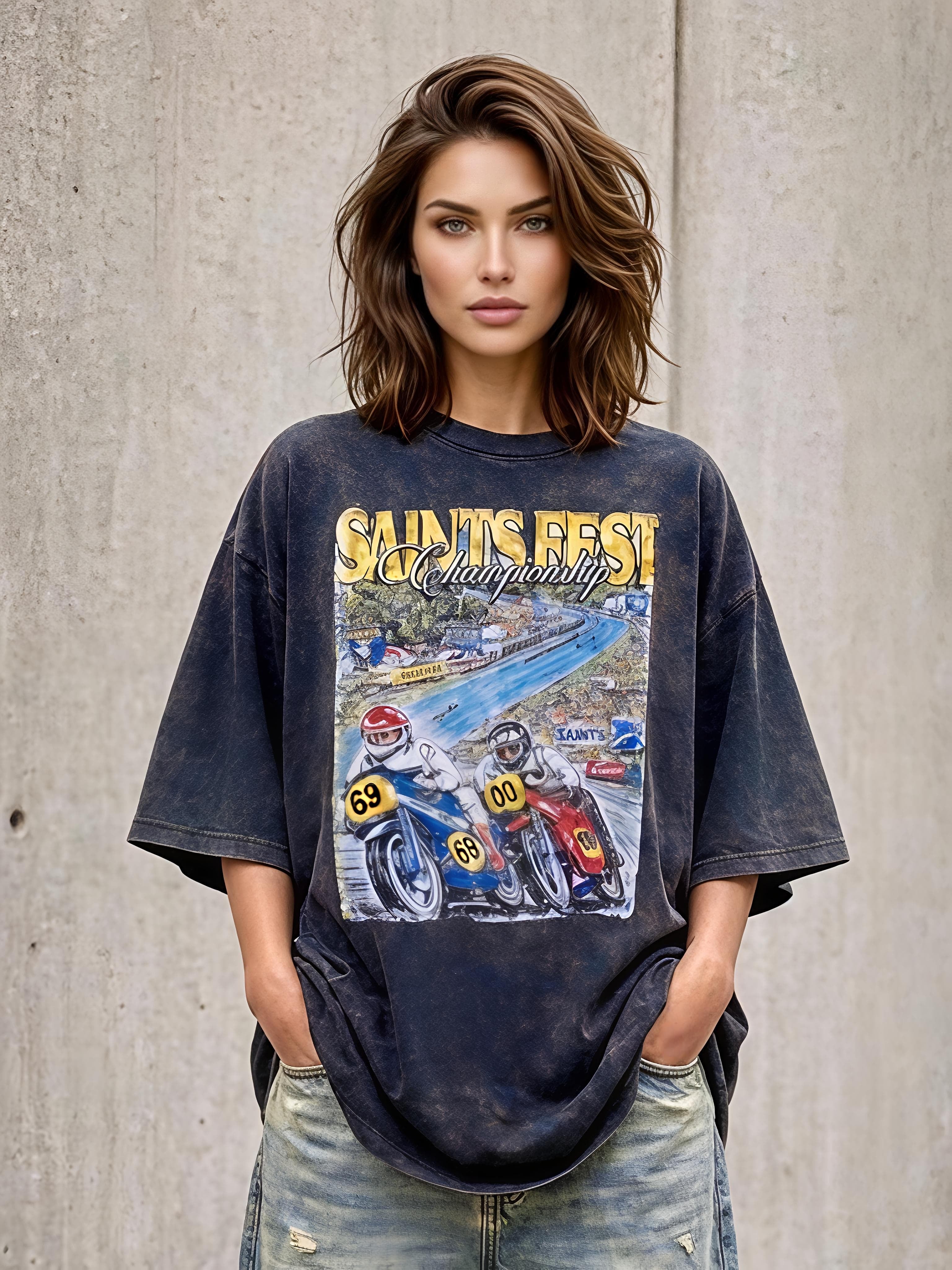 Saintfest Unisex Oversized Acid Wash T-Shirt – 240 GSM French Terry - Black