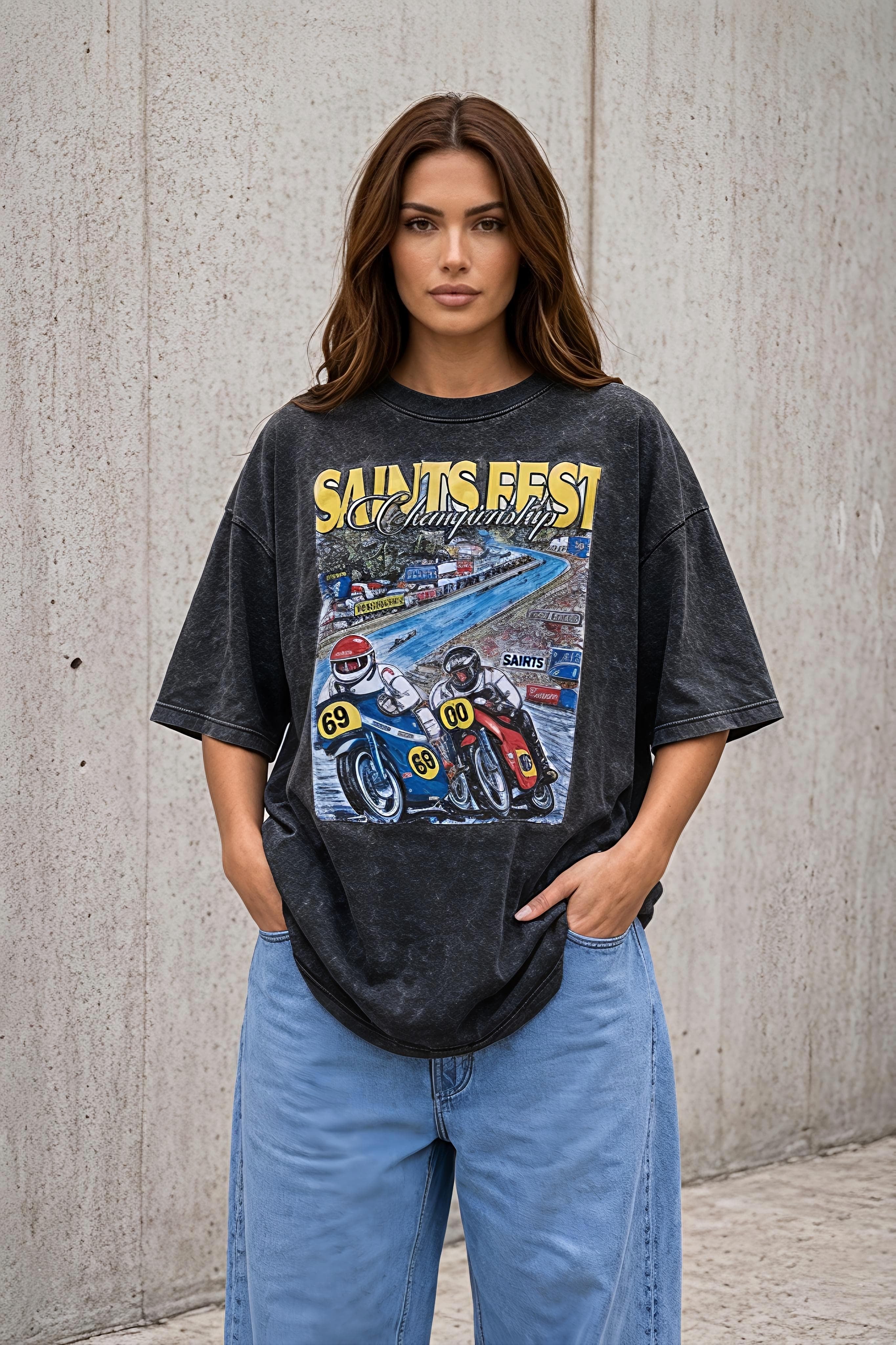 Saintfest Unisex Oversized Acid Wash T-Shirt – 240 GSM French Terry - Grey