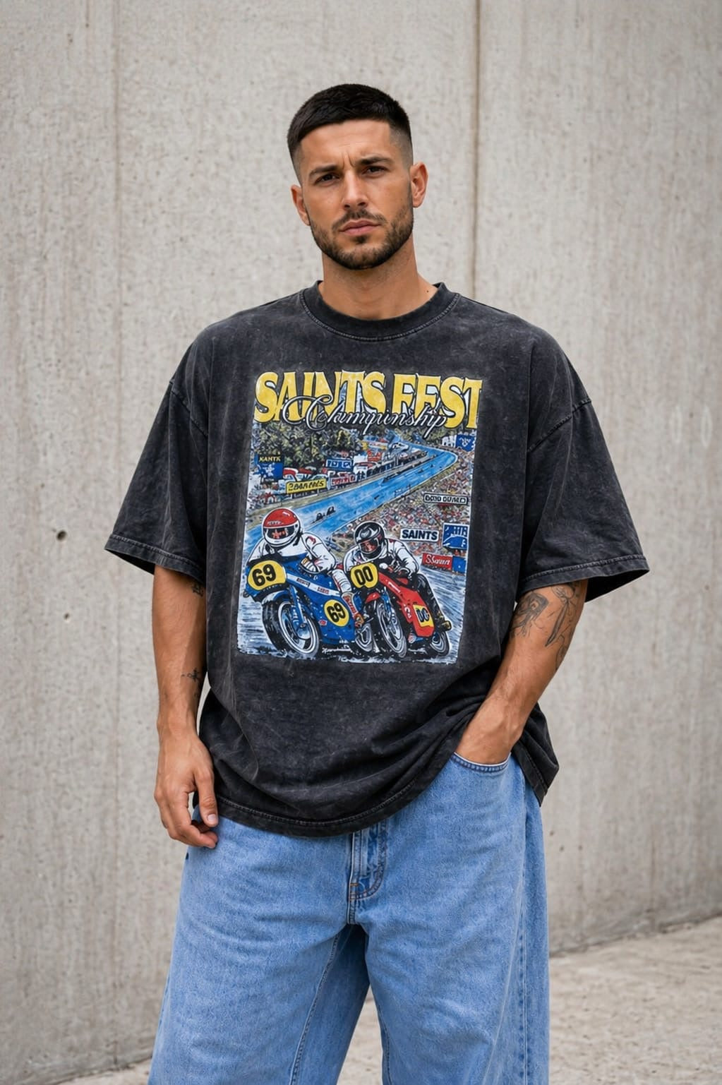 Saintfest Unisex Oversized Acid Wash T-Shirt – 240 GSM French Terry - Grey
