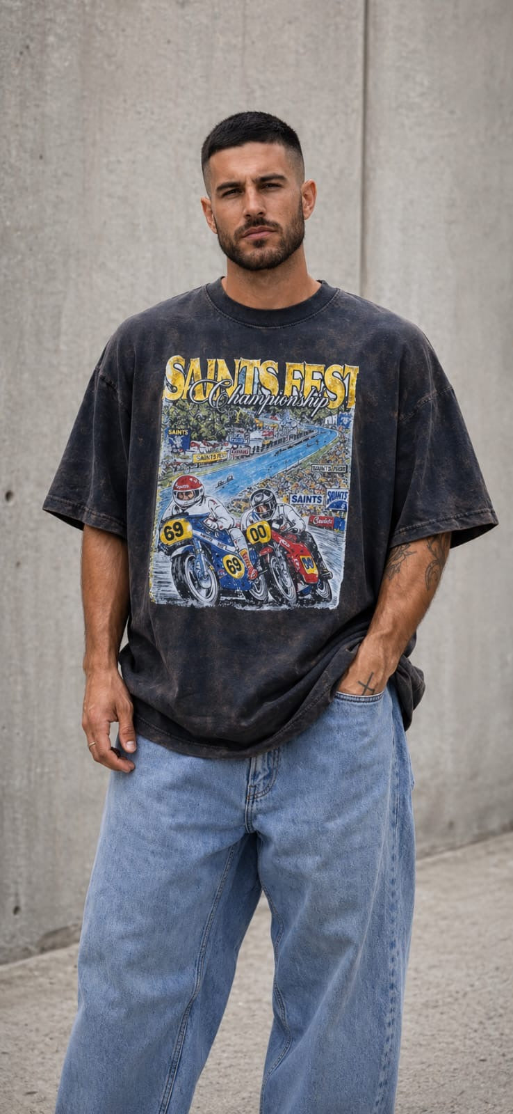 Saintfest Unisex Oversized Acid Wash T-Shirt – 240 GSM French Terry - Black